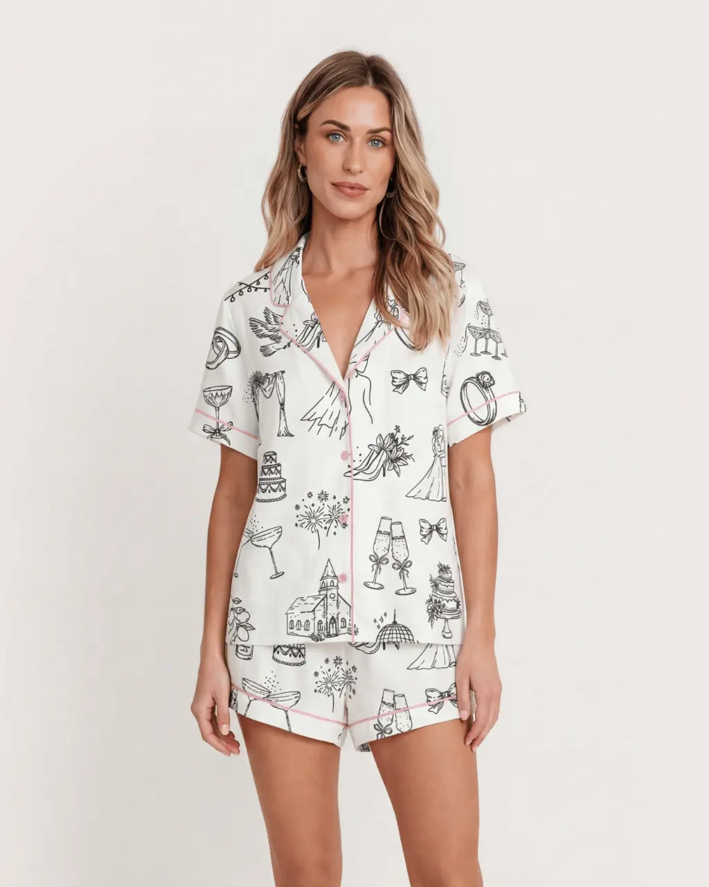 Hand Drawn Wedding Champagne Wedding Pajama Set - OMFORT