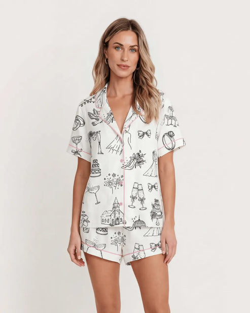 Hand Drawn Wedding Champagne Wedding Pajama Set - OMFORT