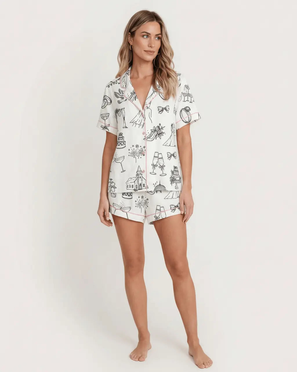 Hand Drawn Wedding Champagne Wedding Pajama Set - OMFORT