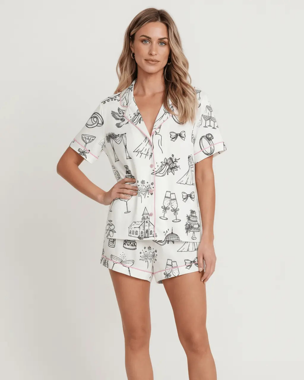 Hand Drawn Wedding Champagne Wedding Pajama Set - OMFORT