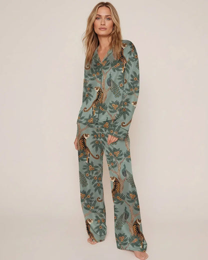 Retro Tiger Peacock Floral Pajama Set OMFORT