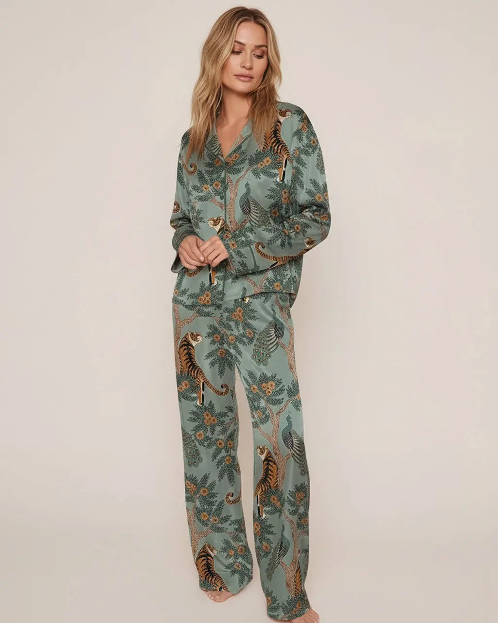 Retro Tiger Peacock Floral Pajama Set OMFORT