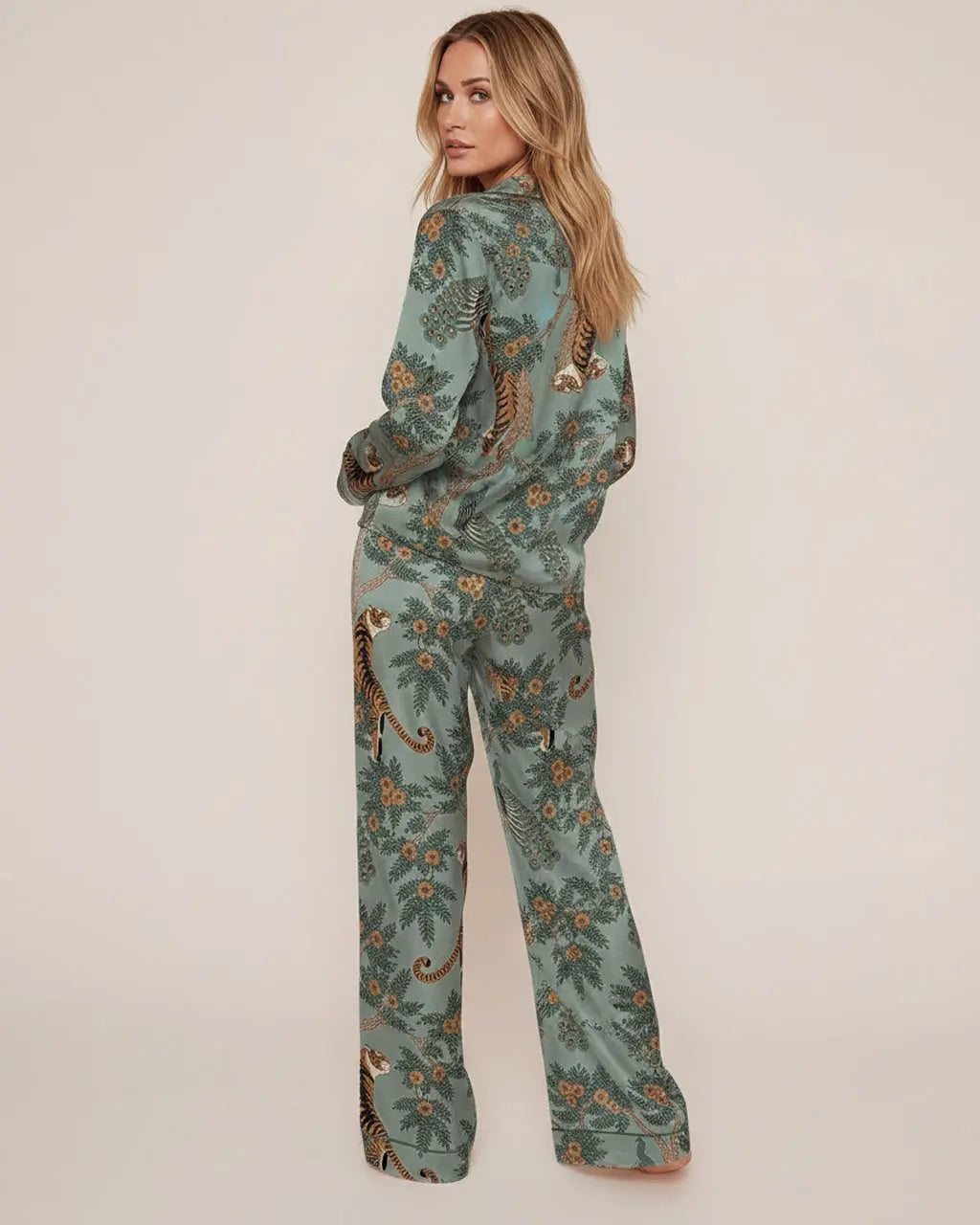 Retro Tiger Peacock Floral Pajama Set OMFORT