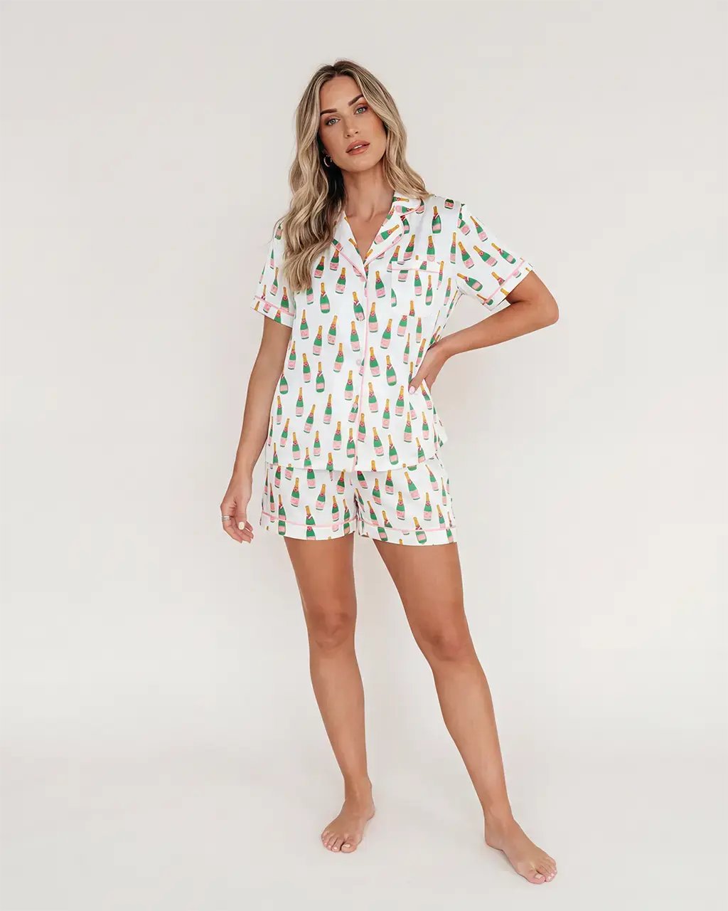 Champagne Bottle Wine Print Pajamas Set - OMFORT