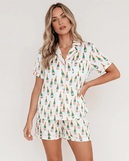 Champagne Bottle Wine Print Pajamas Set - OMFORT