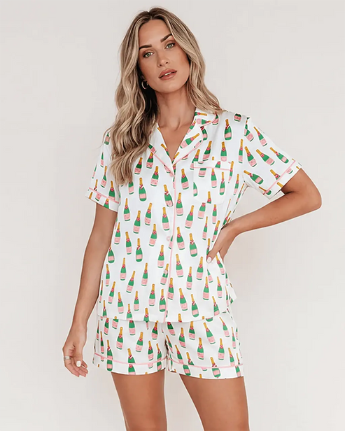 Champagne Bottle Wine Print Pajamas Set - OMFORT