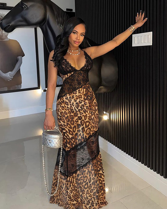 Sexy Leopard Lace Patchwork Sheer Maxi Dress - OMFORT