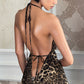 Leopard Print Backless Draped Halter Maxi Mermaid Dress - OMFORT