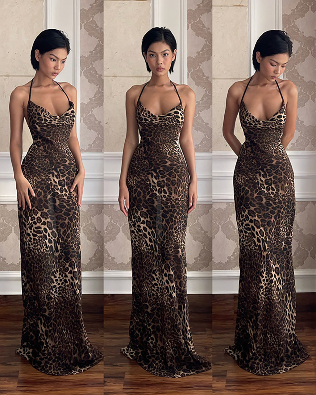 Leopard Print Backless Draped Halter Maxi Mermaid Dress - OMFORT
