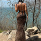 Leopard Print Backless Draped Halter Maxi Mermaid Dress - OMFORT