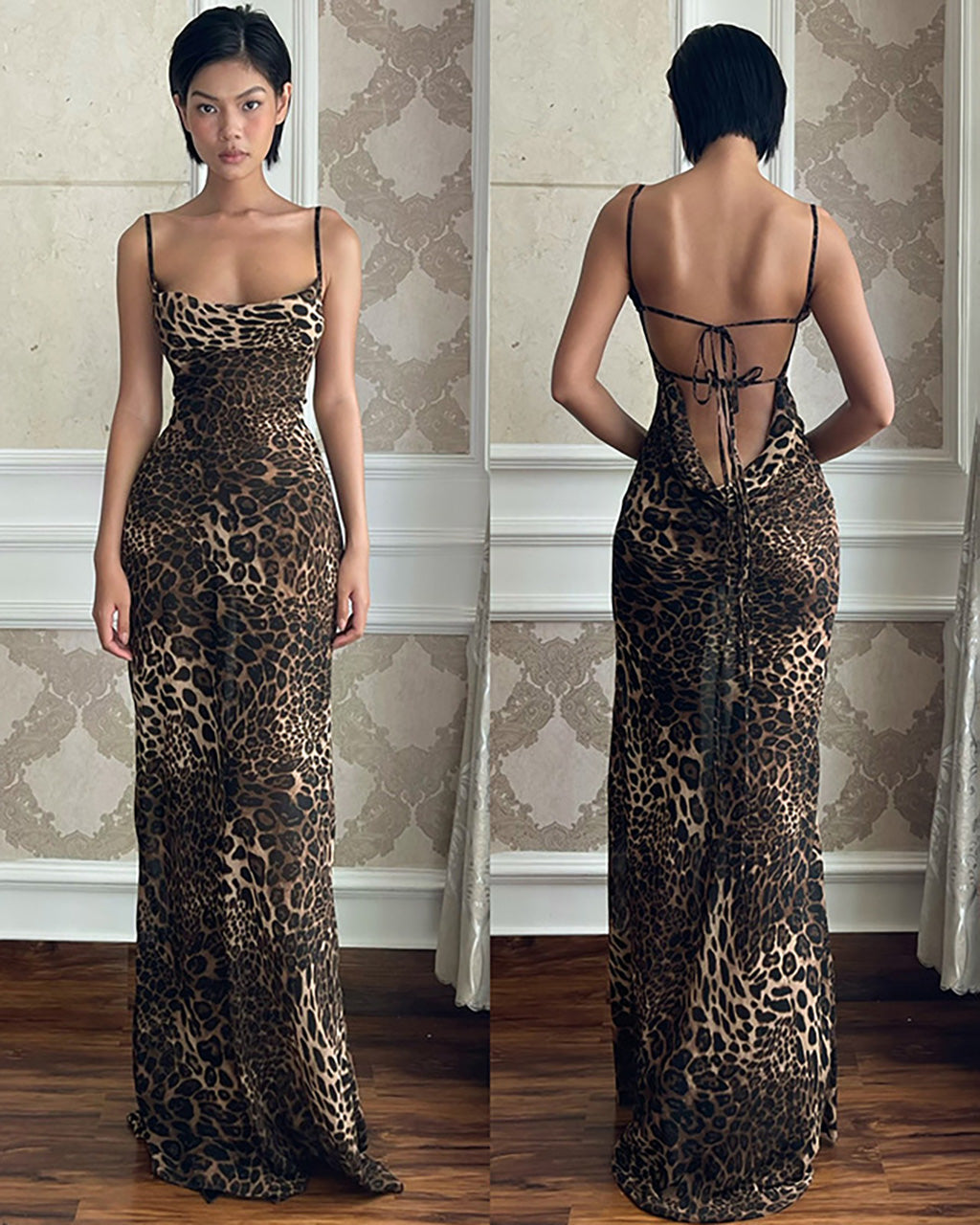 Leopard Print Backless Draped Halter Maxi Mermaid Dress - OMFORT
