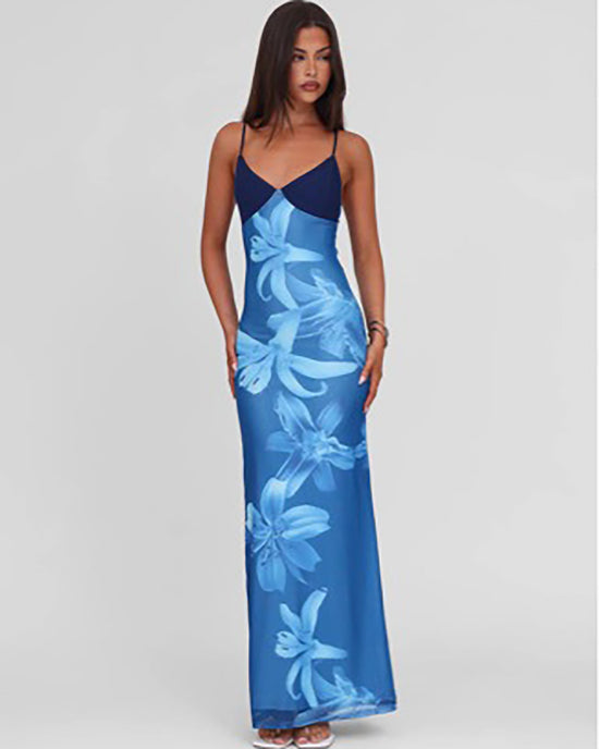 Orchid Print Spaghetti Straps Maxi Dress - OMFORT