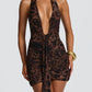 Leopard Print Draped Ruched Front-Tie Mini Dress - OMFORT