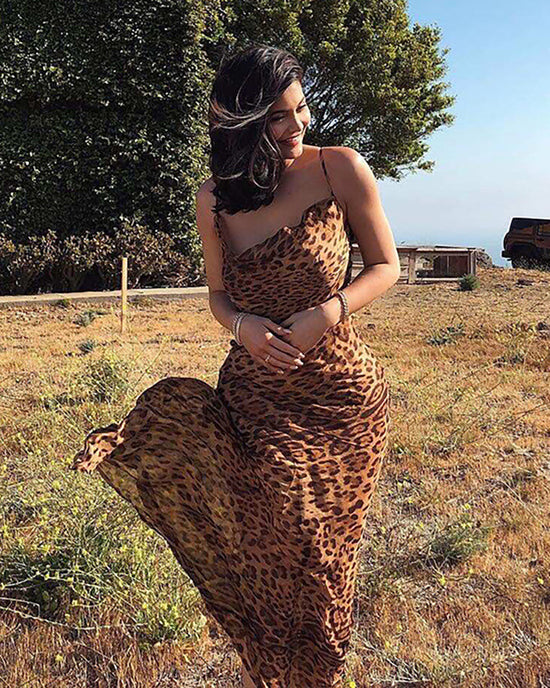 Suspender Semi Sheer Leopard Cowl Neck Maxi Dress - OMFORT