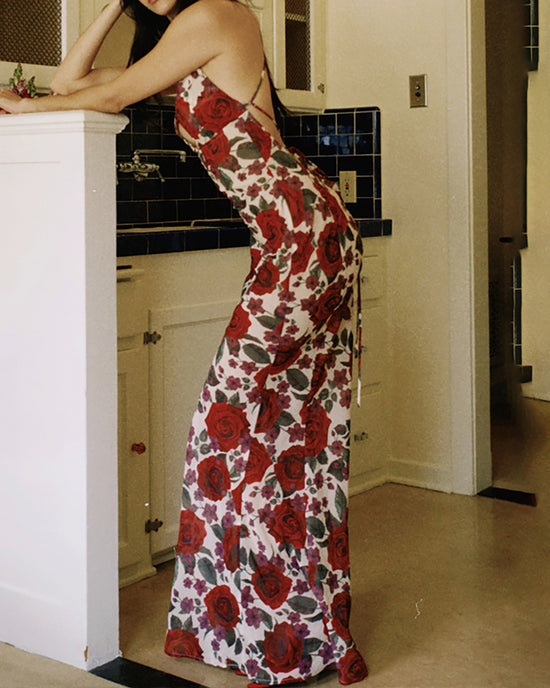 Spaghetti Strap Backless Floral Print Maxi Dress - OMFORT