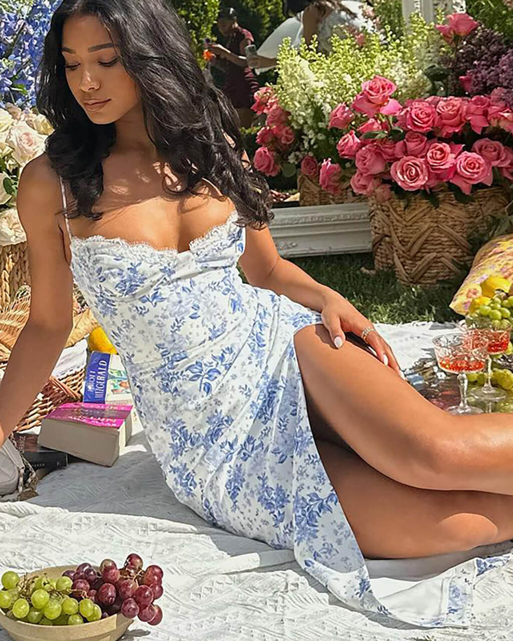 Floral Print Lace Sleeveless Slit Midi Dress - OMFORT