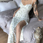 Floral Print Lace Sleeveless Slit Midi Dress - OMFORT