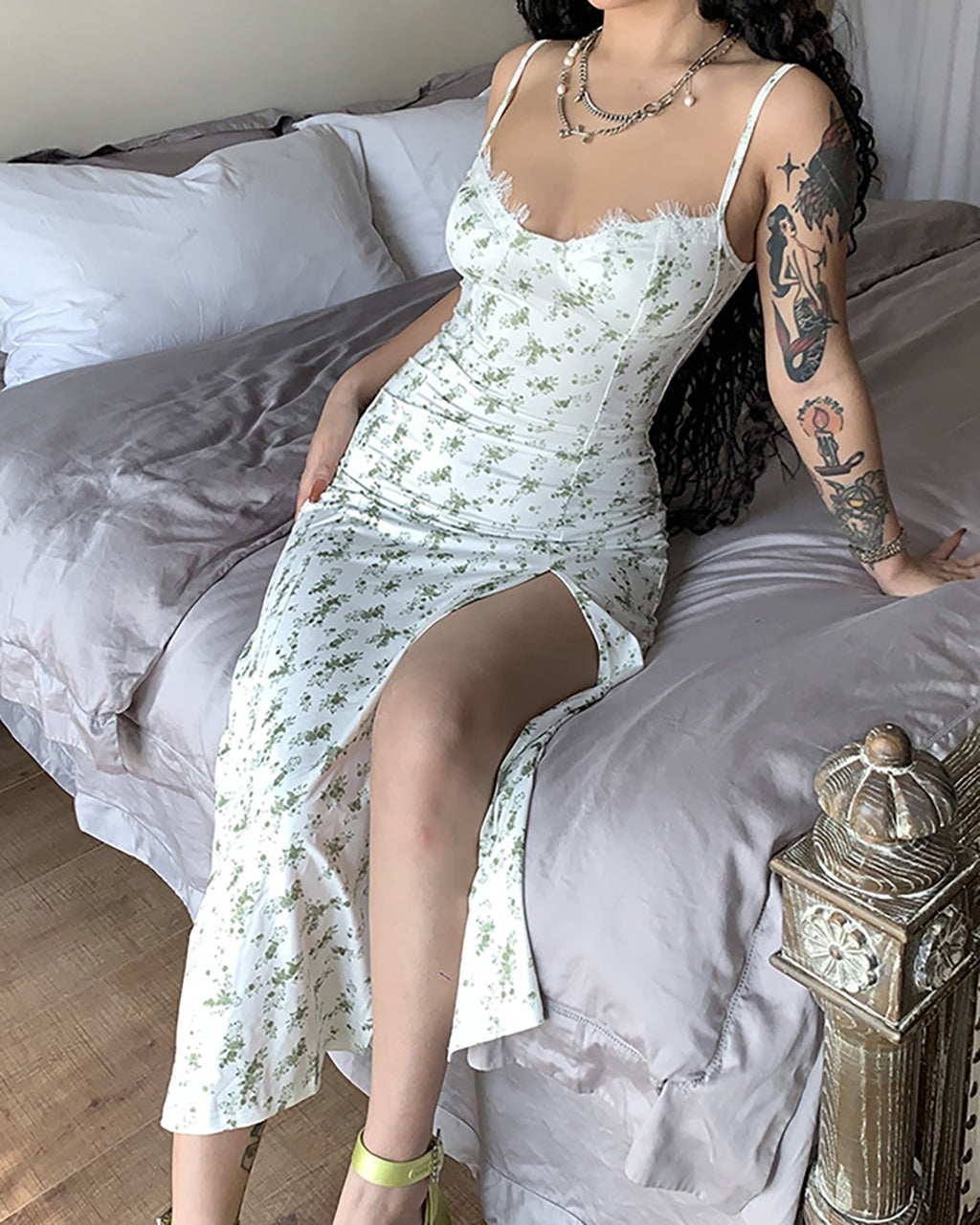 Floral Print Lace Sleeveless Slit Midi Dress - OMFORT