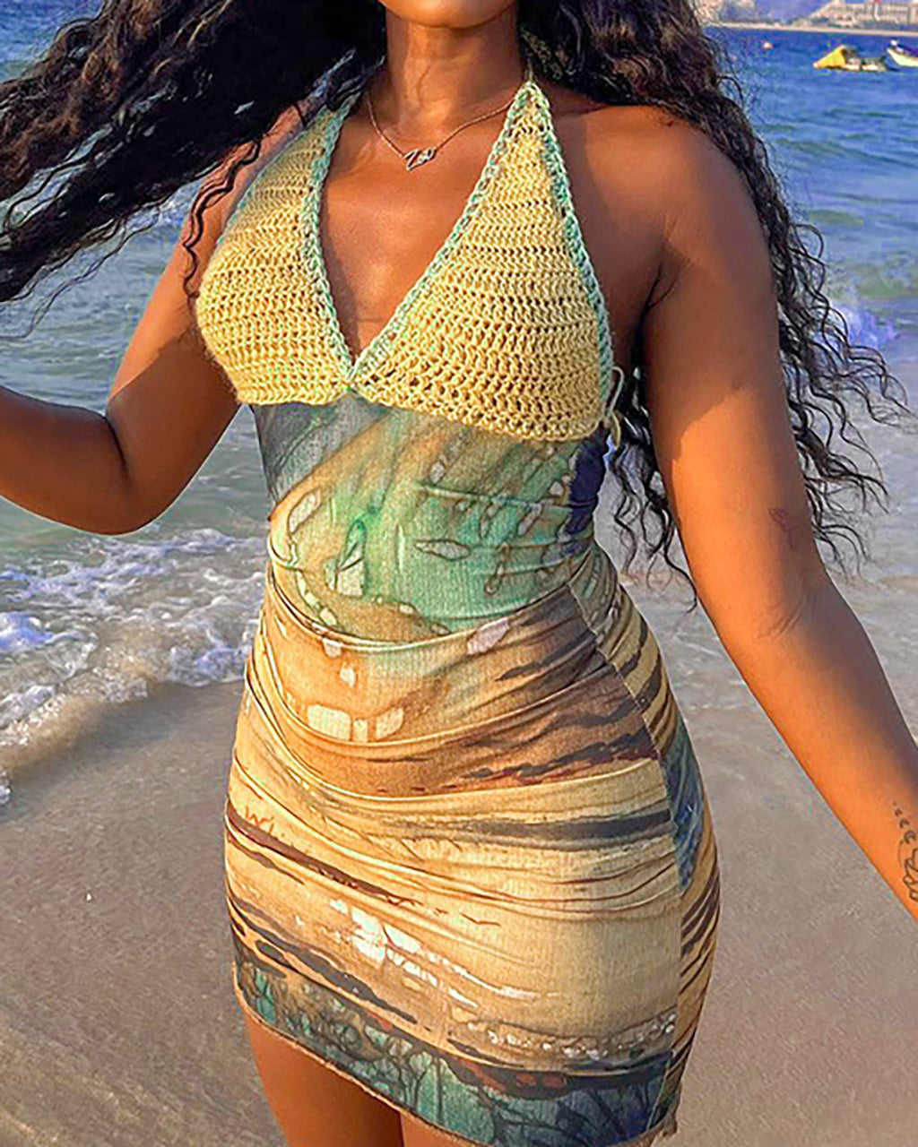 Colorful Print Crochet Knitted Patchwork Halter Dress - OMFORT