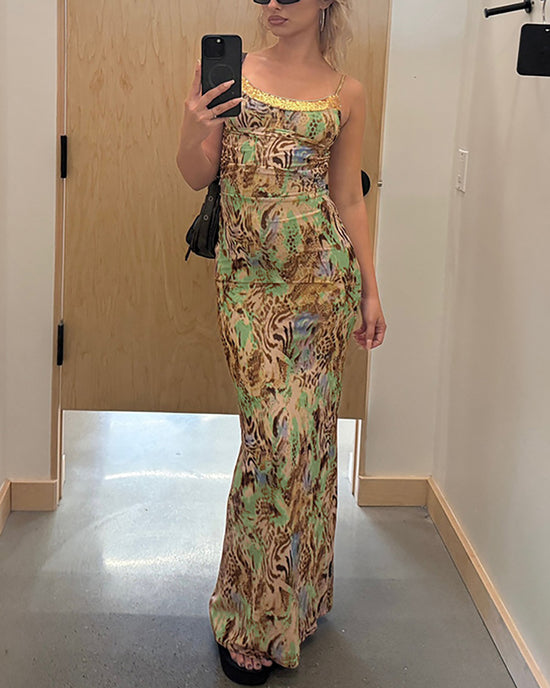 Elegant Animal Print Sequin Trim Open Back Maxi Dress - OMFORT