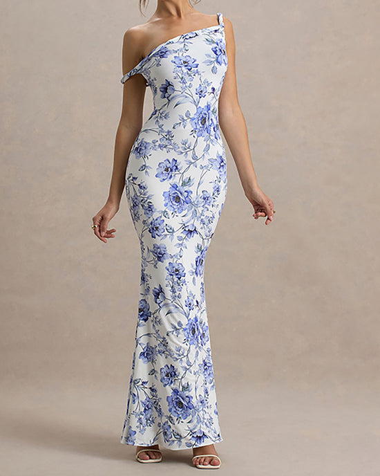 Blue Floral Twisted Asymmetric Maxi Dress - OMFORT