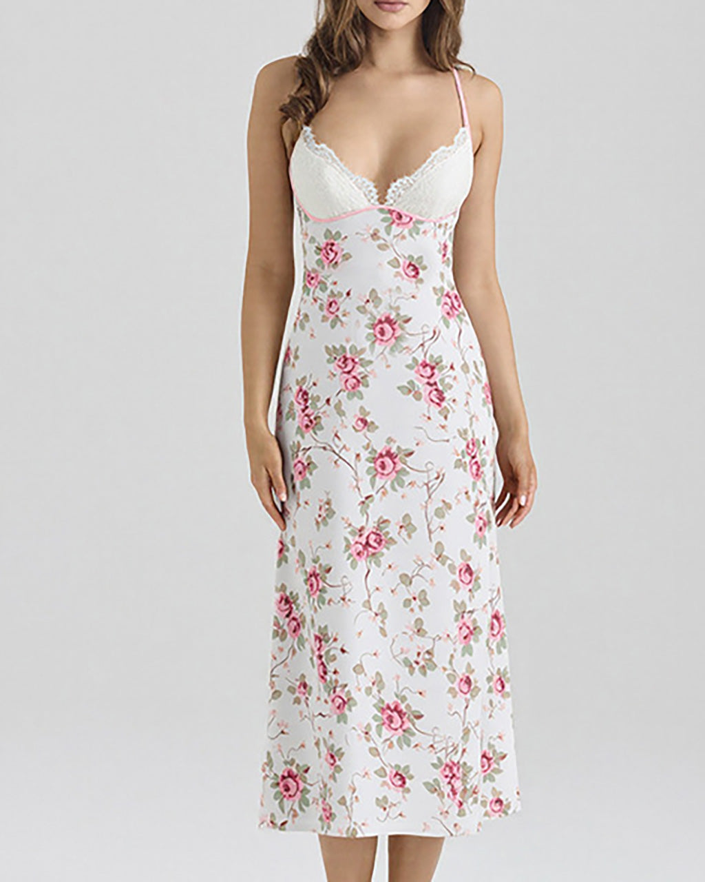 V-neck Floral Print Lace Patchwork Dress - OMFORT