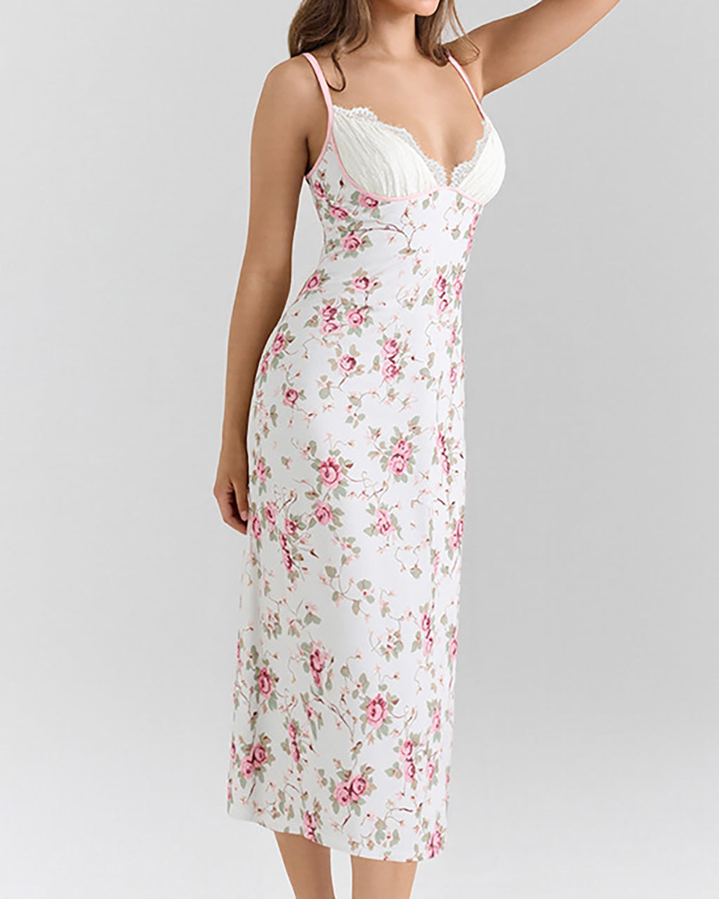 V-neck Floral Print Lace Patchwork Dress - OMFORT