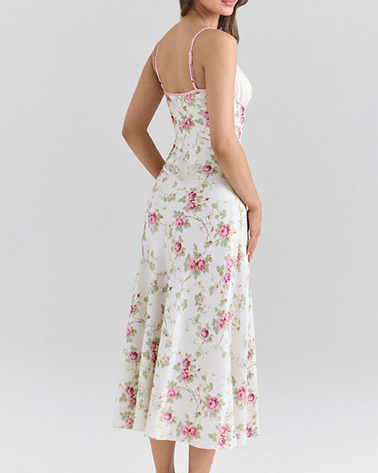 V-neck Floral Print Lace Patchwork Dress - OMFORT