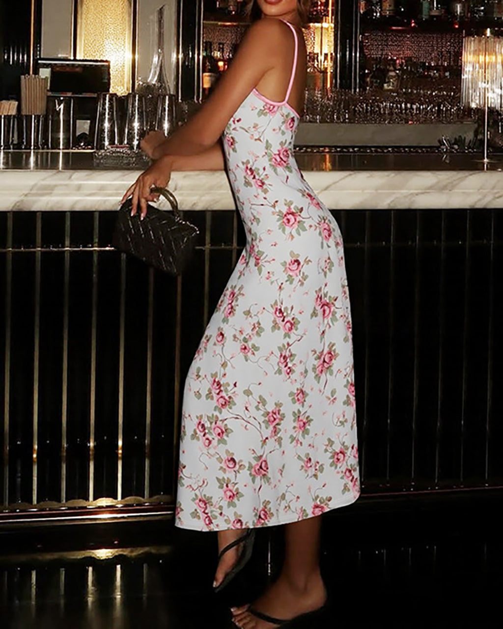 V-neck Floral Print Lace Patchwork Dress - OMFORT