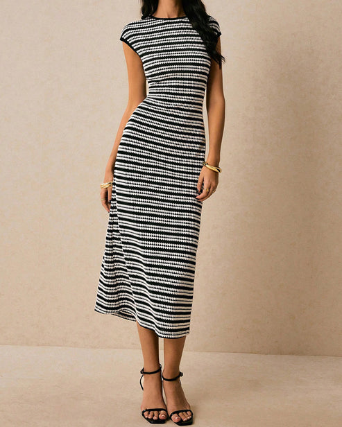 Casual Striped Crewneck Cap Sleeve Midi Dress OMFORT