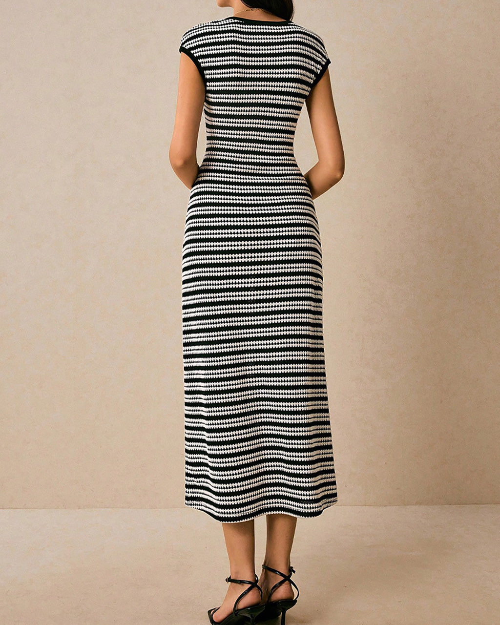 Casual Striped Crewneck Cap Sleeve Midi Dress OMFORT