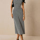 Casual Striped Crewneck Cap Sleeve Midi Dress OMFORT