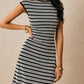 Casual Striped Crewneck Cap Sleeve Midi Dress OMFORT