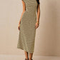 Casual Striped Crewneck Cap Sleeve Midi Dress OMFORT