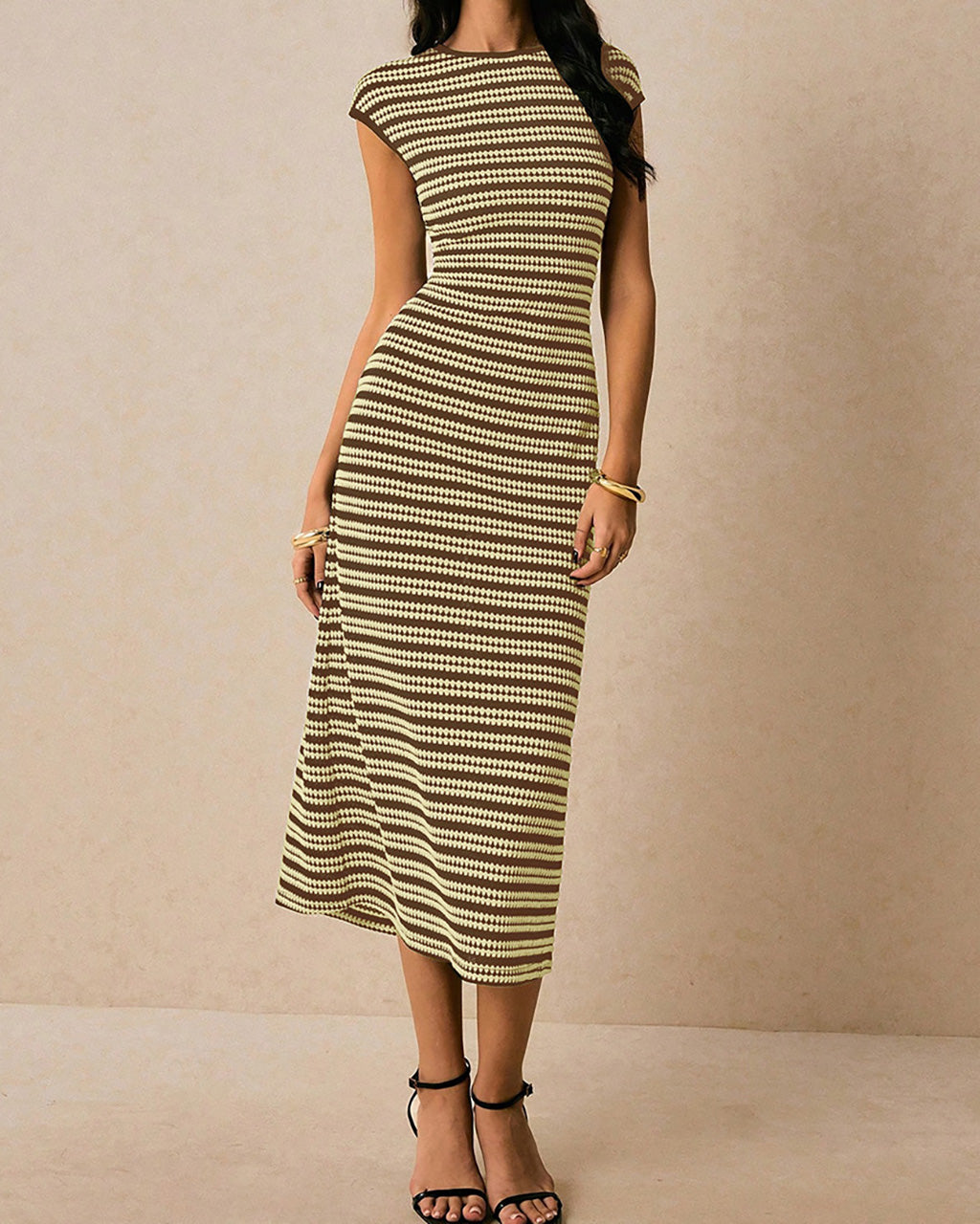 Casual Striped Crewneck Cap Sleeve Midi Dress OMFORT