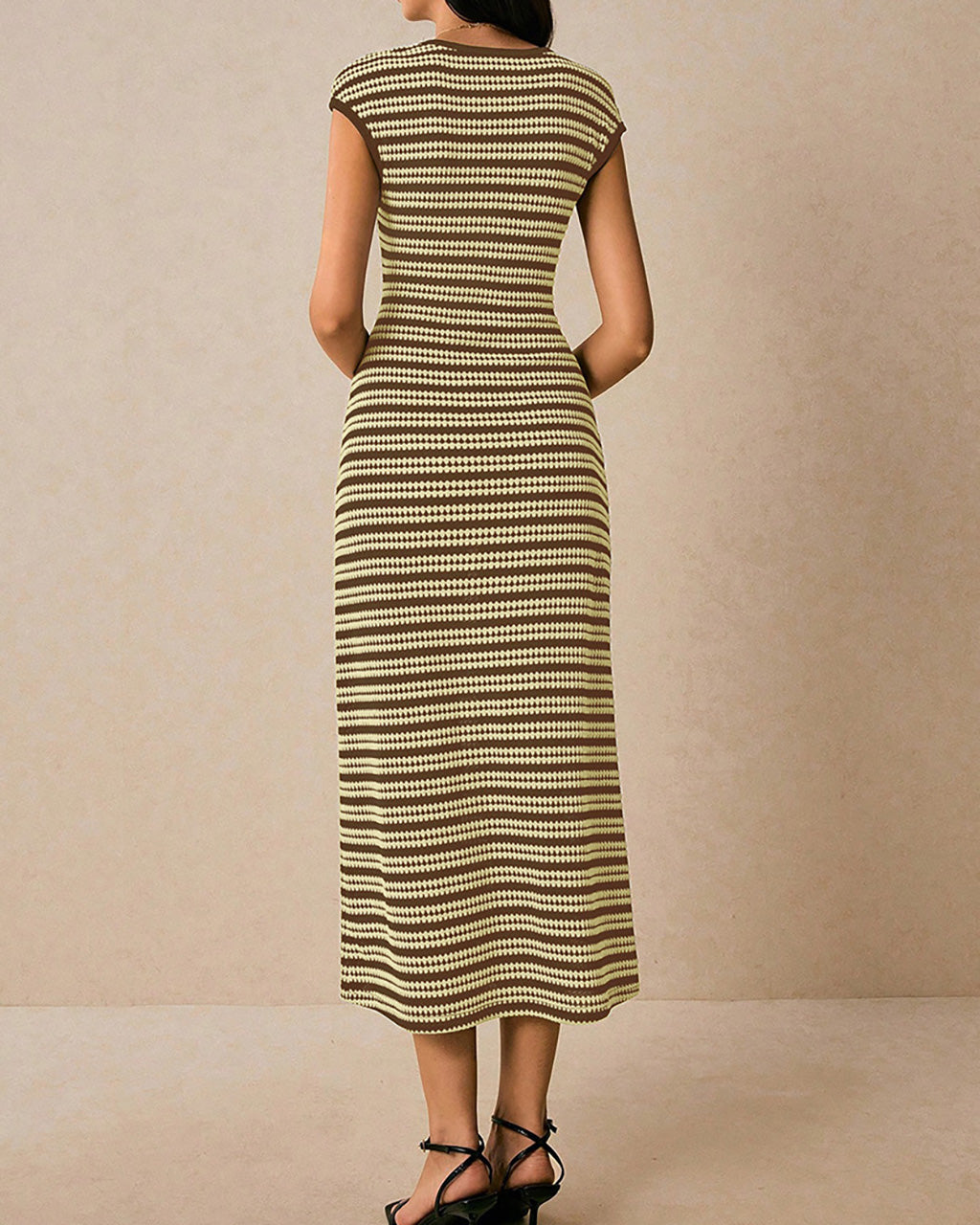 Casual Striped Crewneck Cap Sleeve Midi Dress OMFORT