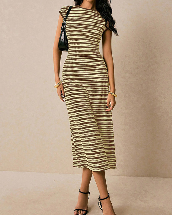 Casual Striped Crewneck Cap Sleeve Midi Dress OMFORT