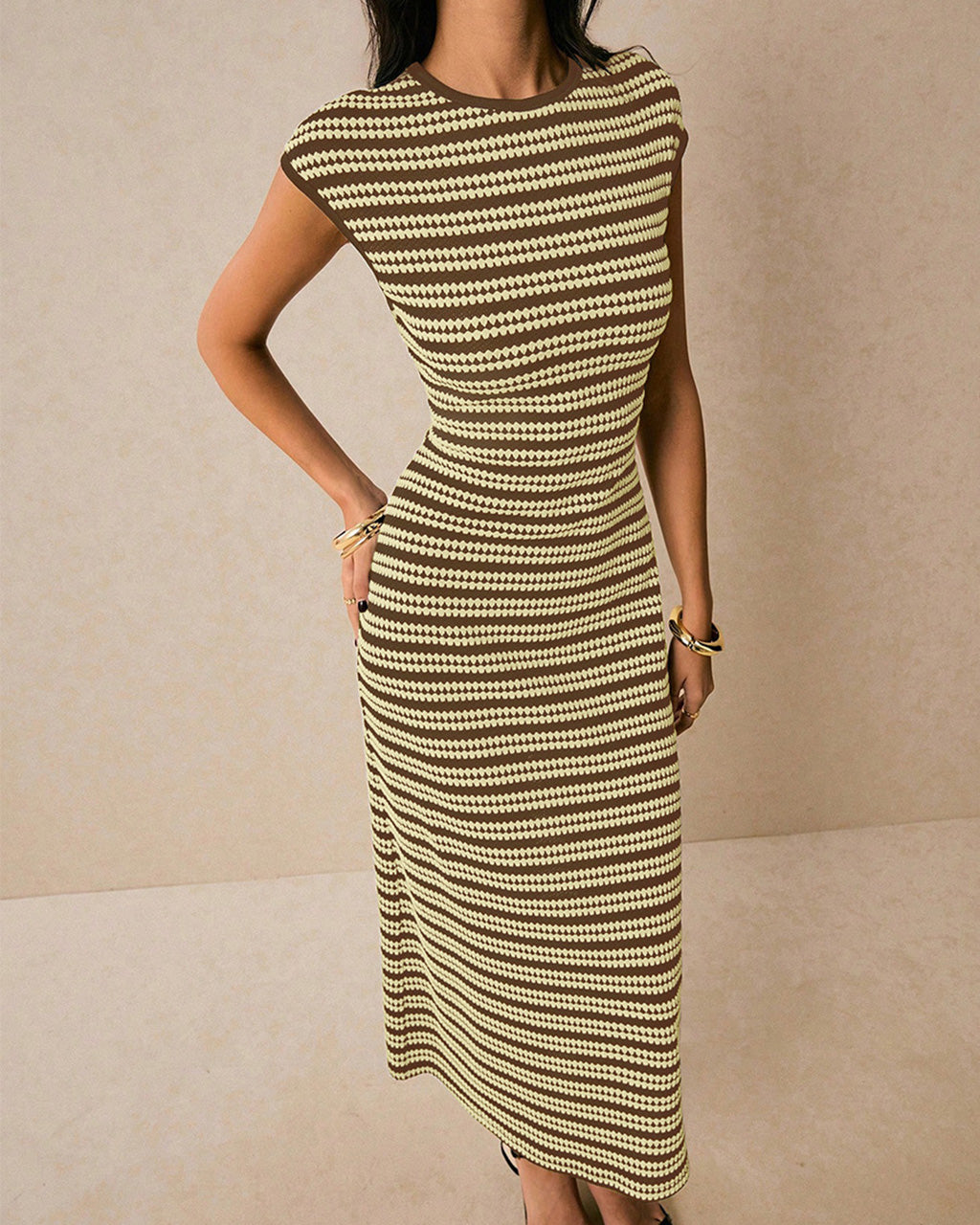 Casual Striped Crewneck Cap Sleeve Midi Dress OMFORT