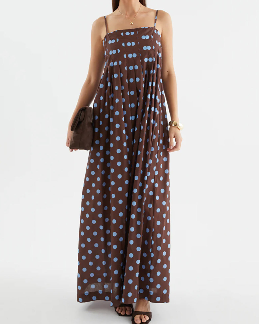 Polka Dot Pleated Detail Maxi Dress OMFORT