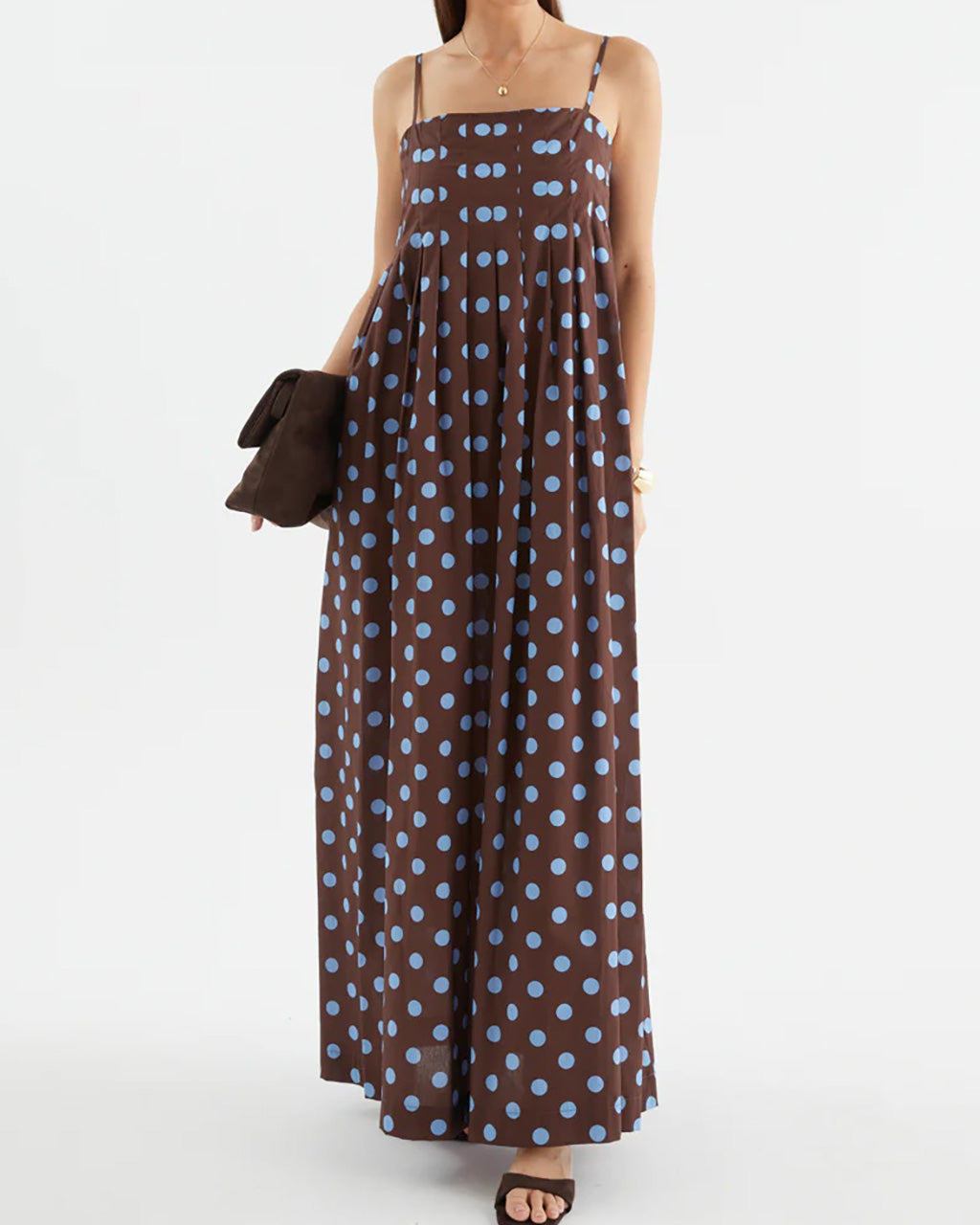 Polka Dot Pleated Detail Maxi Dress OMFORT