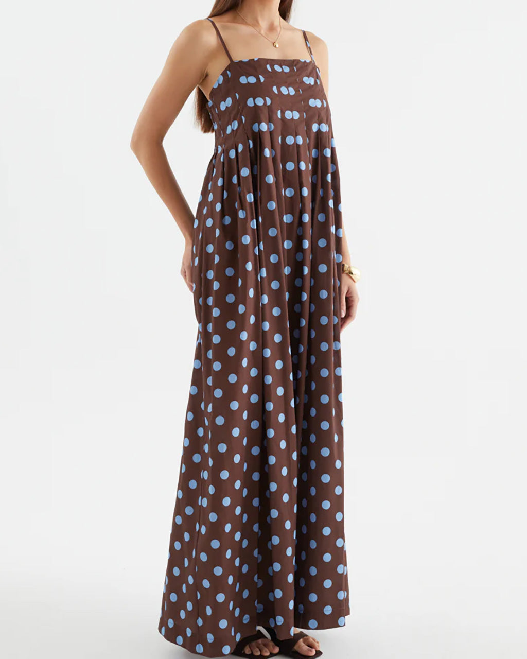 Polka Dot Pleated Detail Maxi Dress OMFORT