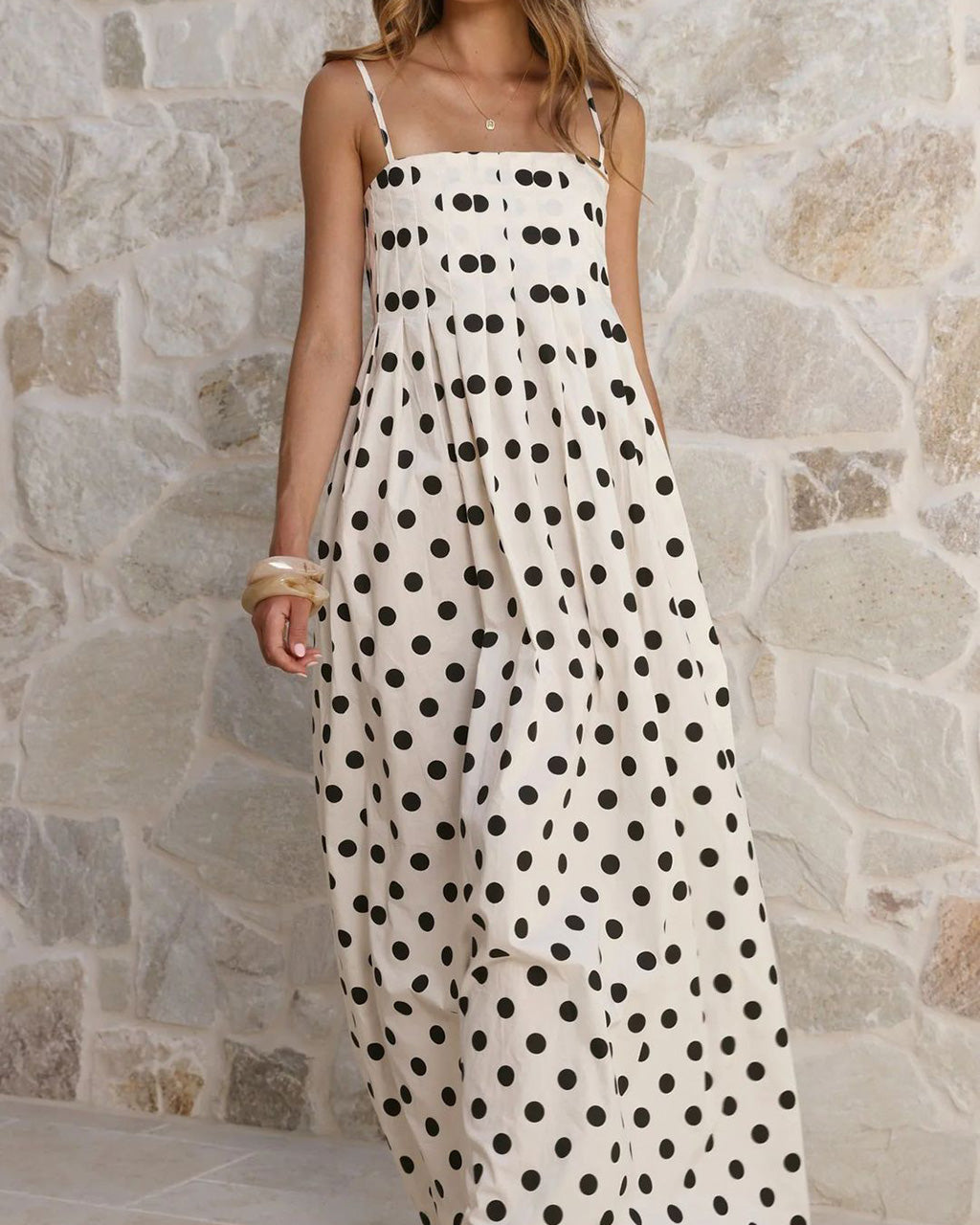 Polka Dot Pleated Detail Maxi Dress OMFORT