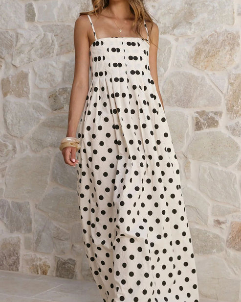 Polka Dot Pleated Detail Maxi Dress OMFORT