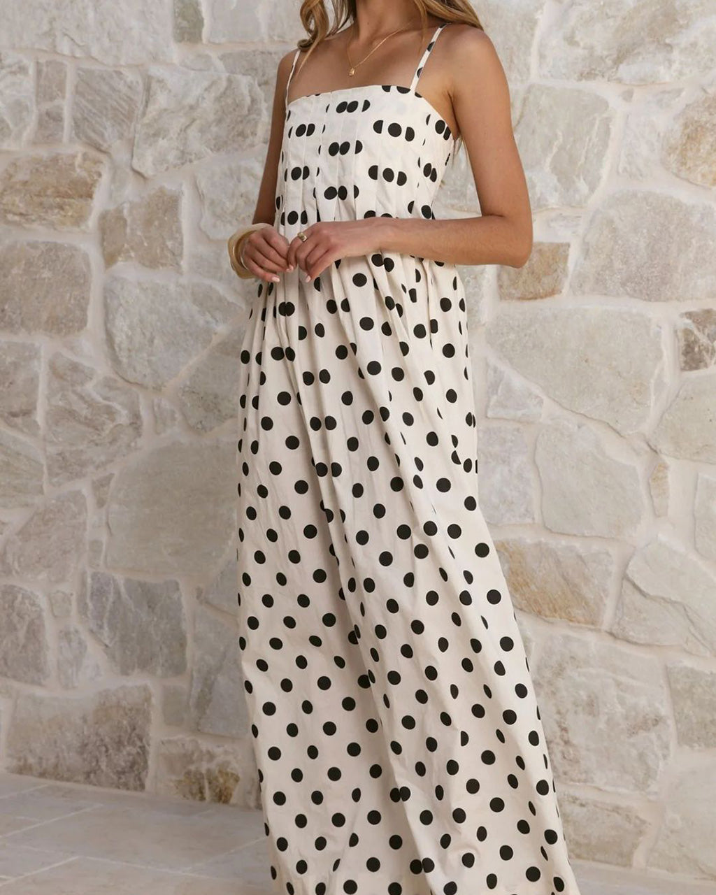 Polka Dot Pleated Detail Maxi Dress OMFORT