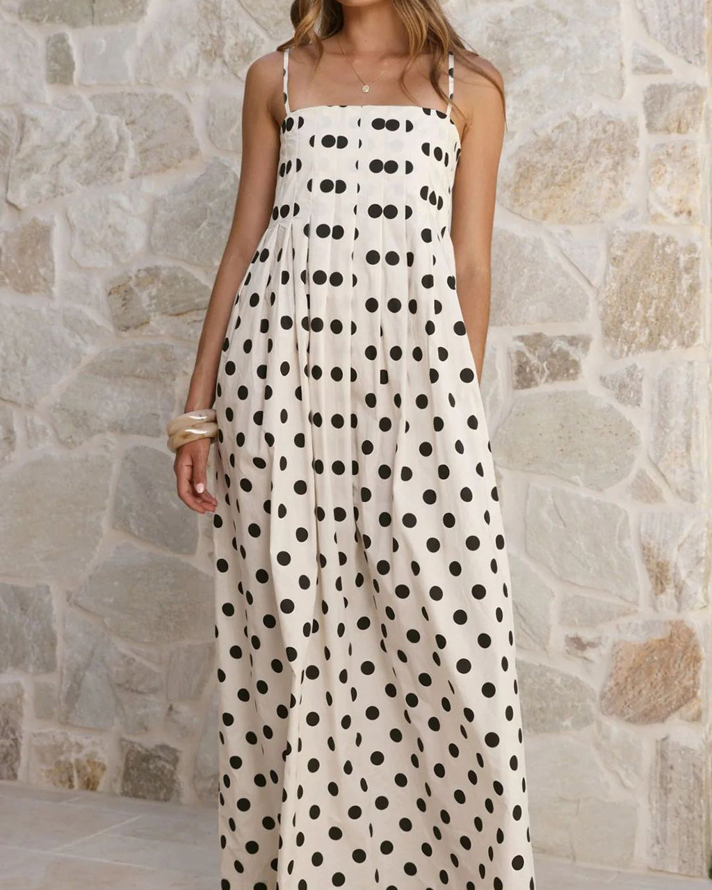 Polka Dot Pleated Detail Maxi Dress OMFORT