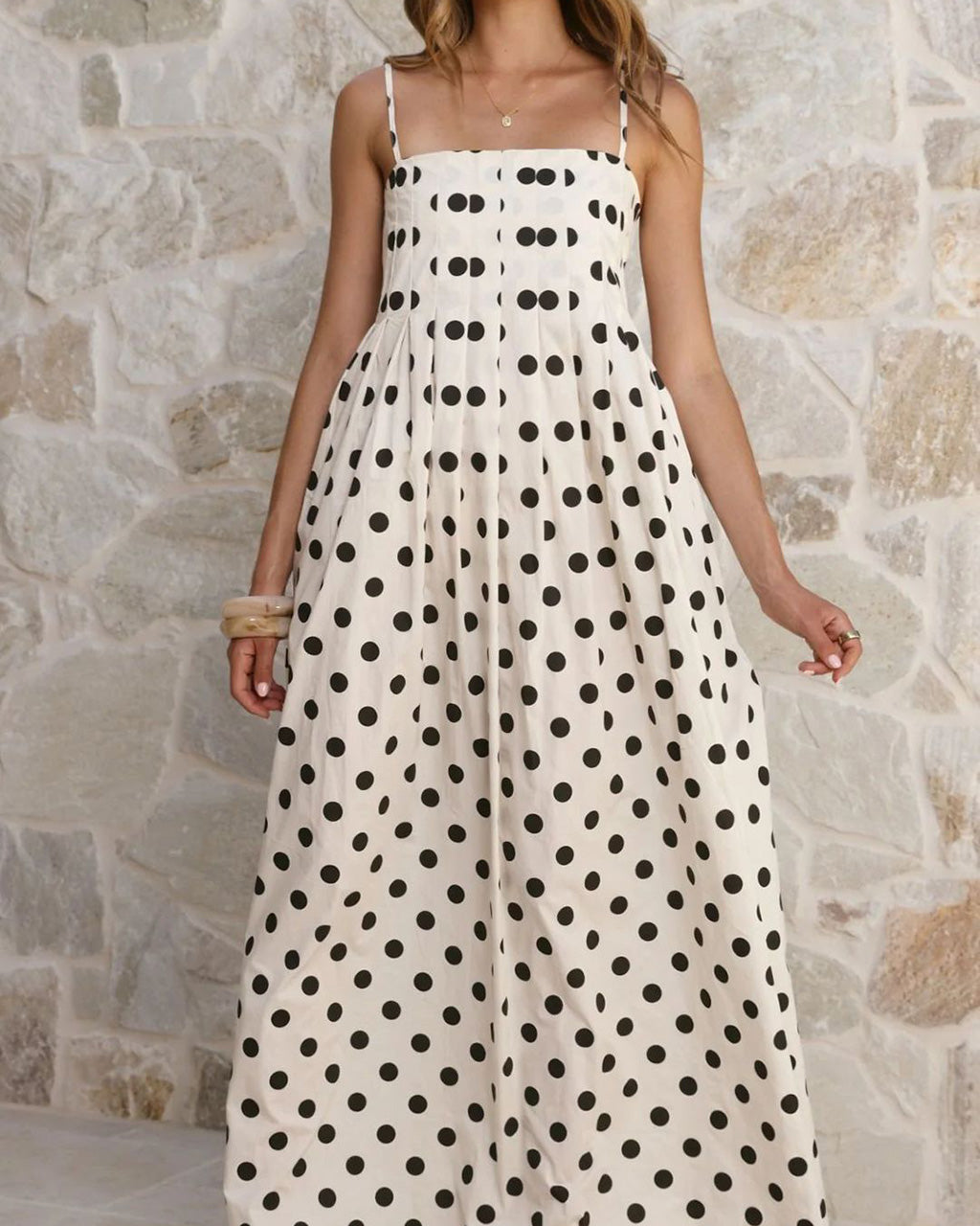 Polka Dot Pleated Detail Maxi Dress OMFORT