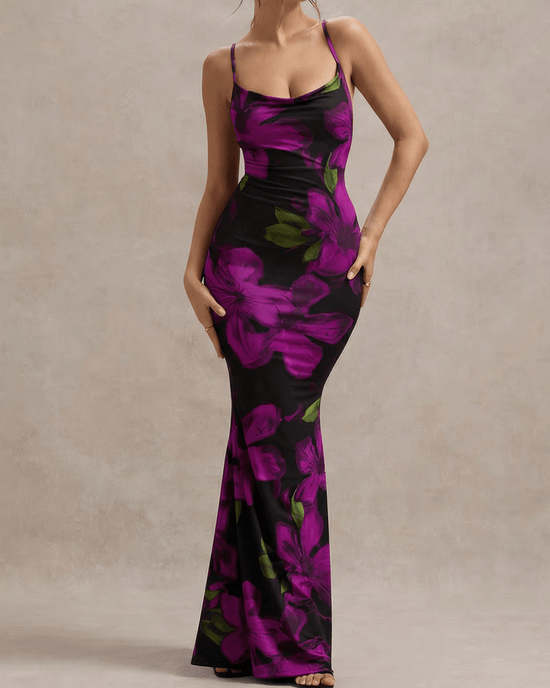 Floral Print Open Back Mermaid Hem Slip Dress OMFORT