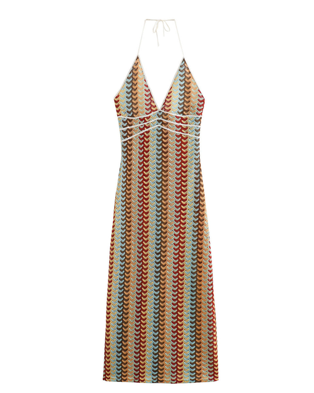 Retro Multi Stripe Print Halter Knit Maxi Dress OMFORT