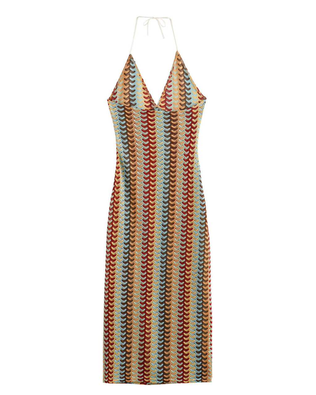 Retro Multi Stripe Print Halter Knit Maxi Dress OMFORT