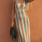 Retro Multi Stripe Print Halter Knit Maxi Dress OMFORT